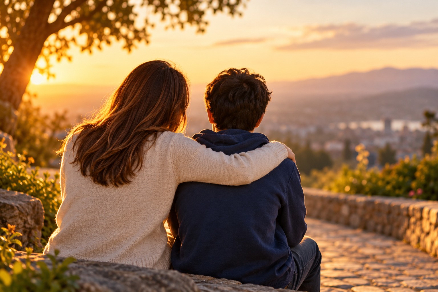 Madre abrazando a su hijo adolescente mientras contemplan juntos un atardecer, símbolo de amor, acompañamiento y esperanza.